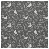 鮮やかな黒と冬の白の鳥花柄 ファブリック (見本)