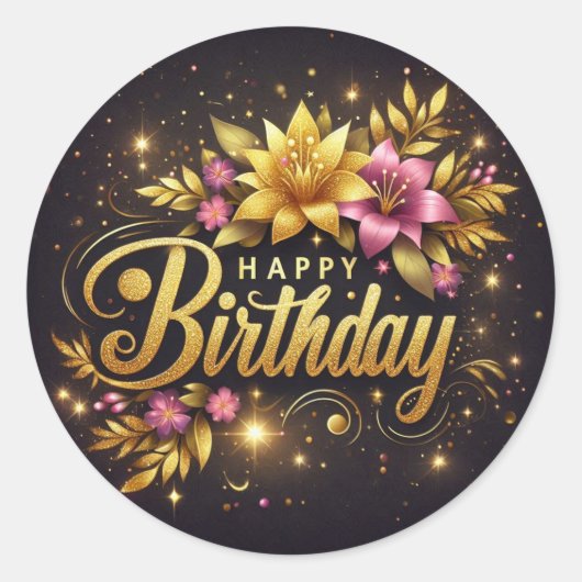 鮮やかな黒のフラワー誕生日ステッカー  ラウンドシール (正面)
