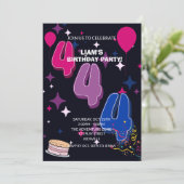 鮮やかな4歳の誕生日 | ピンクブルーのコンフェッティ 招待状 (スタンド正面)