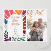 鮮やかな マルチカラー 花柄の Save the Date フォト 箔招待状ポストカード (正面)