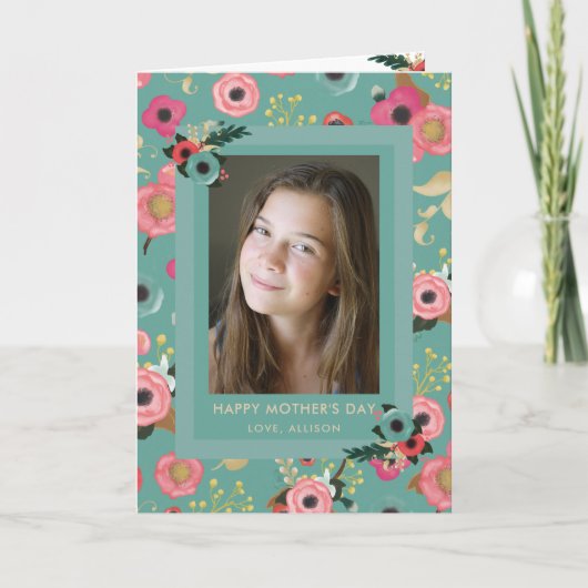 鮮やかな | 幸せな母の日のターコイズの花と写真 カード (正面)