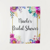 鮮やかな 春の 花 モダン ゴールド 水彩 背景 タペストリー (正面)