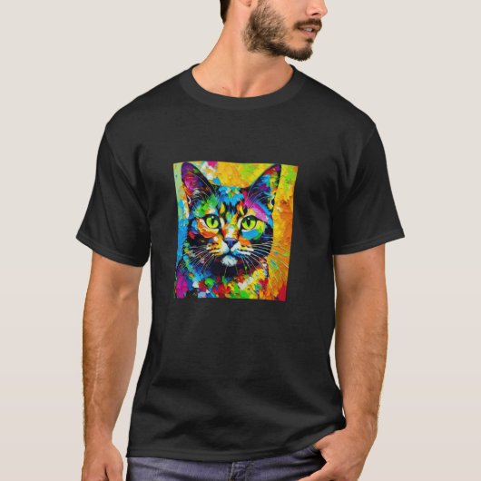 鮮やかに彩られた猫 Tシャツ (正面)