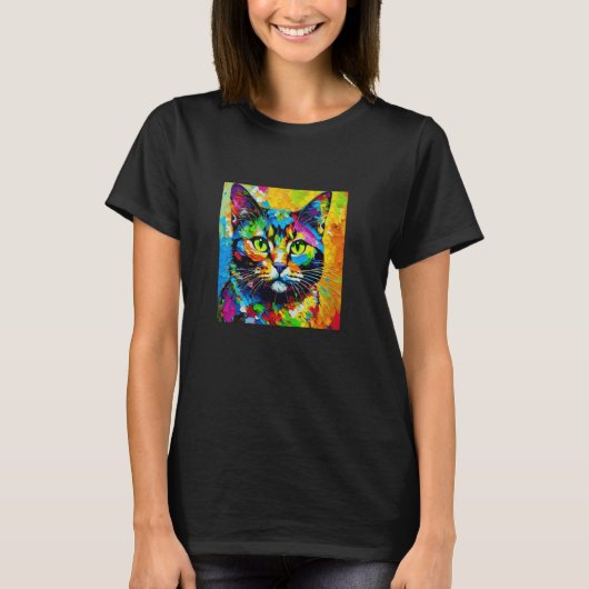鮮やかに彩られた猫 Tシャツ (正面)