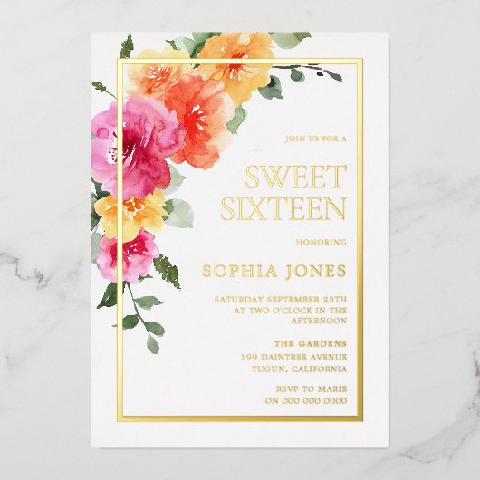 鮮やかはっきりしたカラフルフローラSweet 16パーティー 箔招待状 (正面)