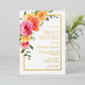 鮮やかはっきりしたカラフルフローラSweet 16パーティー 箔招待状 (立ち正面)