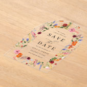 鮮やかはっきりしたワイルドフラワーウェディング日を保存 アクリル招待状 (レイダウン)