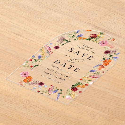 鮮やかはっきりしたワイルドフラワーウェディング日を保存 アクリル招待状 (レイダウン)