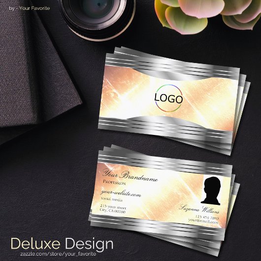 鮮やかアイボリーピーチとシルバーロ縁どグ写真 名刺