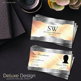 鮮やかアイボリーピーチ銀モノグラ縁どム写真 名刺