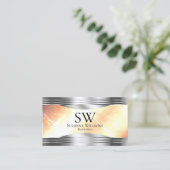 鮮やかアイボリーピーチ銀モノグラ縁どム写真 名刺 (スタンド正面)