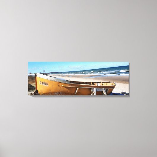 鮮やかイエローボートビーチ沿岸写真 キャンバスプリント (正面)