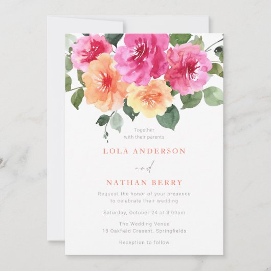 鮮やかオールシーズンズウォーター色のフローラ結婚ズ 招待状 (正面)