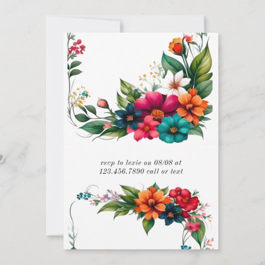 鮮やかカラフルな花模様ベビーの開花シャワー 招待状 (裏面)