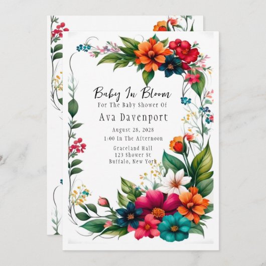 鮮やかカラフルな花模様ベビーの開花シャワー 招待状 (正面/裏面)