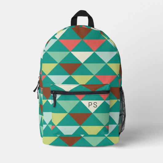 鮮やかカラフルティール（緑がかった色）モノグラムイニシャル プリントバックパック (正面)