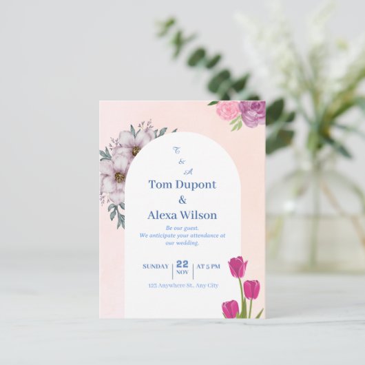 鮮やかカラフルフローラ結婚式招待状カード ポストカード (スタンド正面)