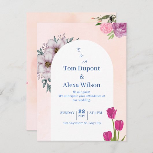 鮮やかカラフルフローラ結婚式招待状カード ポストカード (正面/裏面)