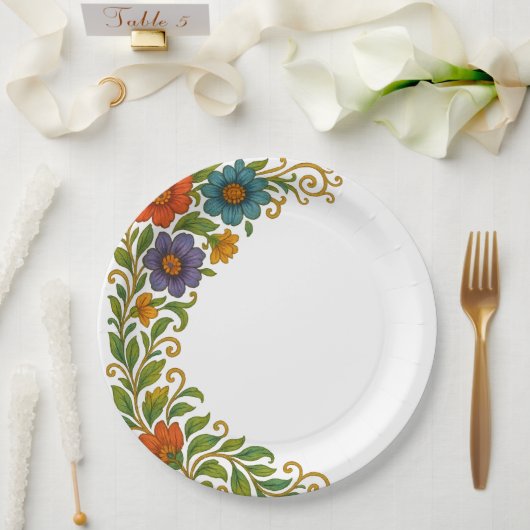 鮮やかカラフルフローラ角マージンデザイン ペーパープレート (ウェディング)