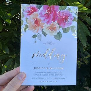 鮮やかカラフル結婚春の花金ゴールド 箔招待状