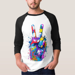 鮮やかカラフルPeace Signハンドデジタルアート Tシャツ