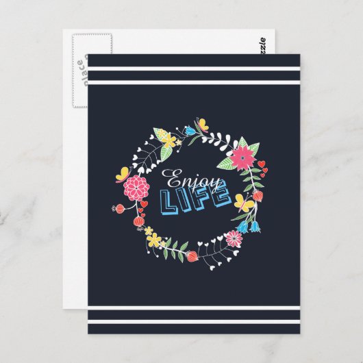 鮮やかガーリーフローラは「生活楽しむ」の単語を囲む ポストカード (正面/裏面)