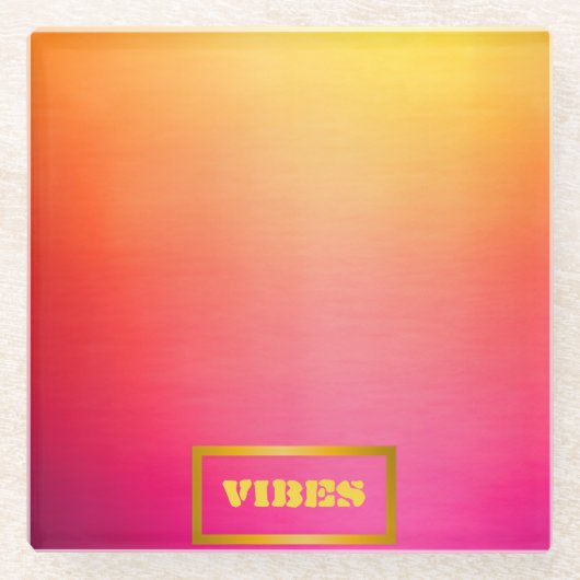 鮮やかグラデーションパーソナライズされたピンクと黄色 ガラスコースター (正面)