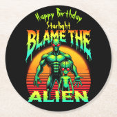 鮮やかサンセットフレームグリーンエイリアン ラウンドペーパーコースター (正面)