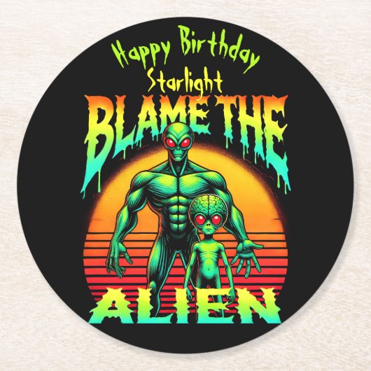 鮮やかサンセットフレームグリーンエイリアン ラウンドペーパーコースター (正面)