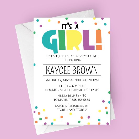 鮮やかタイポグラフィ「女の子だ」赤ちゃんシャワー 招待状