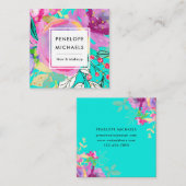 鮮やかターコイズと紫の水色フローラ スクエア名刺 (正面/裏面)
