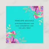 鮮やかターコイズと紫の水色フローラ スクエア名刺 (裏面)