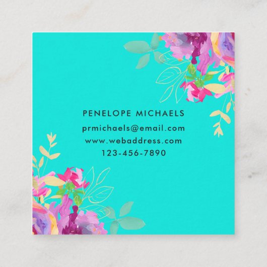 鮮やかターコイズと紫の水色フローラ スクエア名刺 (裏面)