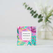 鮮やかターコイズと紫の水色フローラ スクエア名刺 (スタンド正面)