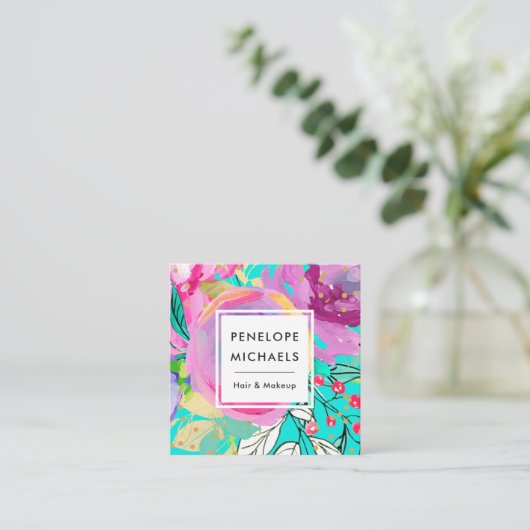 鮮やかターコイズと紫の水色フローラ スクエア名刺 (スタンド正面)