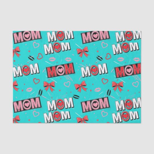 鮮やかターコイズのMOMハートのリボンポップパターン 薄葉紙 (正面)