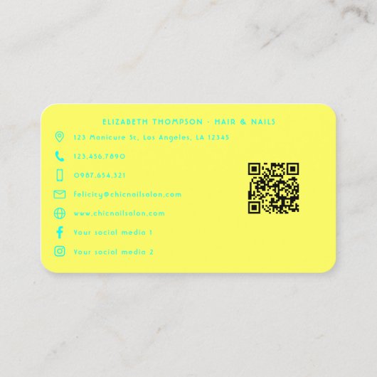 鮮やかターコイズ&レモンサマーネイルサロンデザイン 名刺 (裏面)