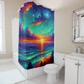 「鮮やかティール(緑がかった色)の潮:海越しの夕日」 シャワーカーテン (インサイチュ)