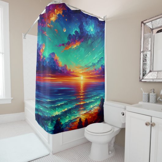 「鮮やかティール（緑がかった色）の潮：海越しの夕日」 シャワーカーテン (インサイチュ)