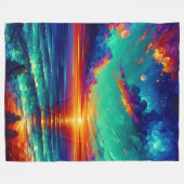 「鮮やかティール(緑がかった色)の潮:海越しの夕日」 フリースブランケット (正面(横))