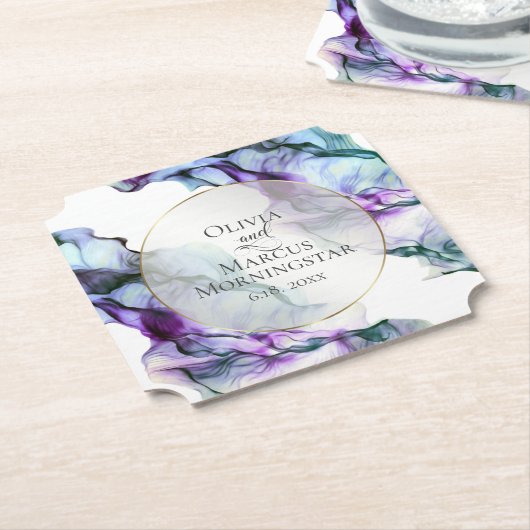 鮮やかティール（緑がかった色）紫抽象芸術水色インク ペーパーコースター (アングル)