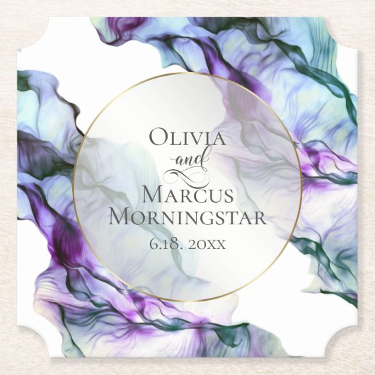 鮮やかティール（緑がかった色）紫抽象芸術水色インク ペーパーコースター (正面)