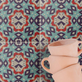 鮮やかティール（緑がかった色）赤ベージュの幾何学的パターン タイル