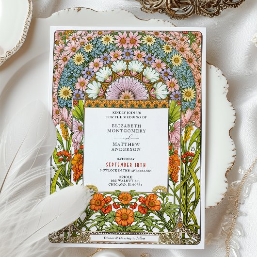 鮮やかデイジー&オレンジブロッサムアールヌーボー結婚ズ 招待状