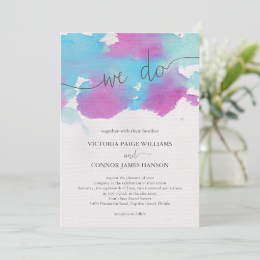 鮮やかドリームブルーパープルウォーター結婚カラー 招待状 (スタンド正面)