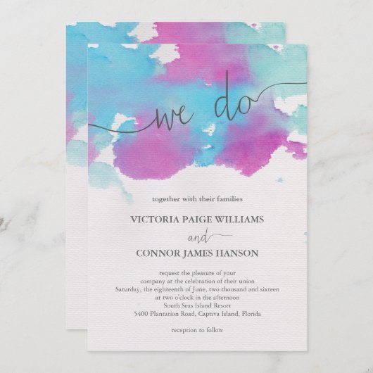 鮮やかドリームブルーパープルウォーター結婚カラー 招待状 (正面/裏面)