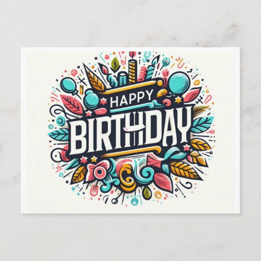 鮮やかハッピーバースデーアート – お洒落お祝い ポストカード (正面)