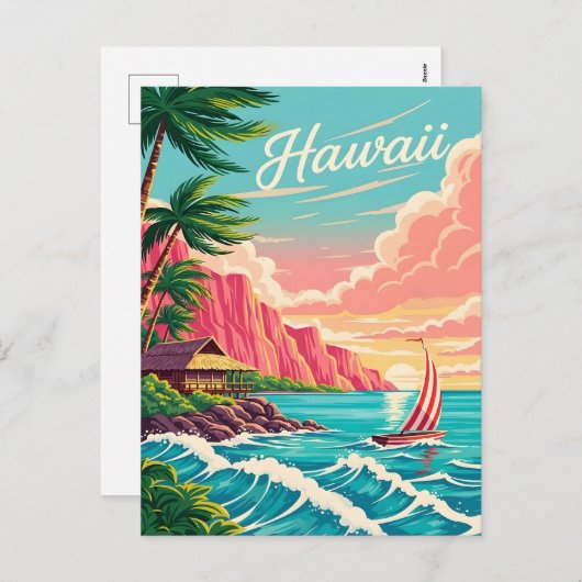鮮やかハワイアンのヤシの木の海岸風景 シーズンポストカード (正面/裏面)