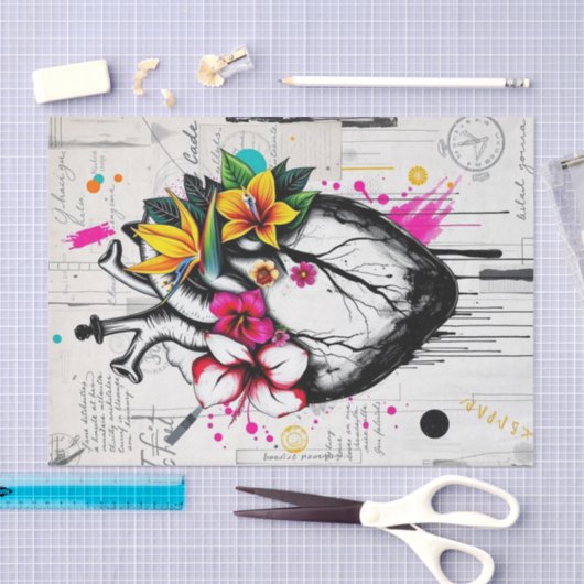 鮮やかハートと熱帯開花のデコページ | はっきりした 薄葉紙 (クラフト)