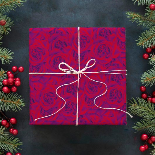 鮮やかバラフラワーパターンフローラ紫赤 ラッピングペーパー